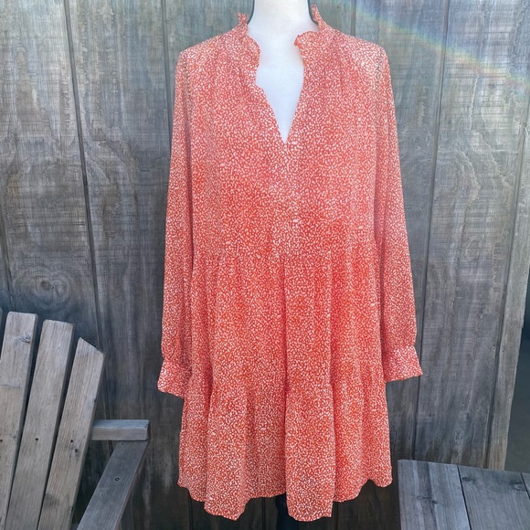 New Sam and Jess Ditzy Floral Orange Dress Sheer Long Button Sleeve Lined Dress - Picture 2 of 10